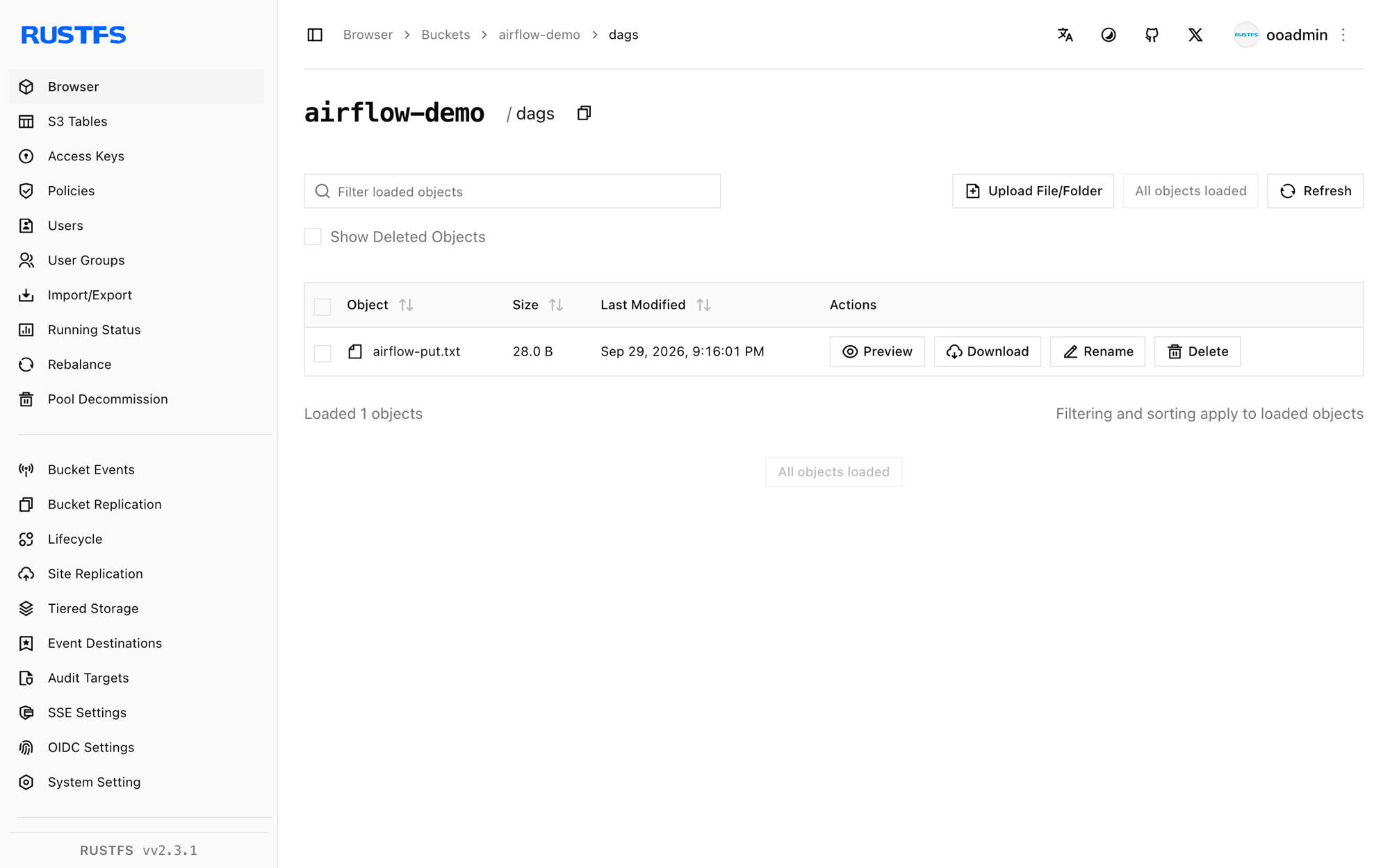 Airflow object stored in the RustFS Console