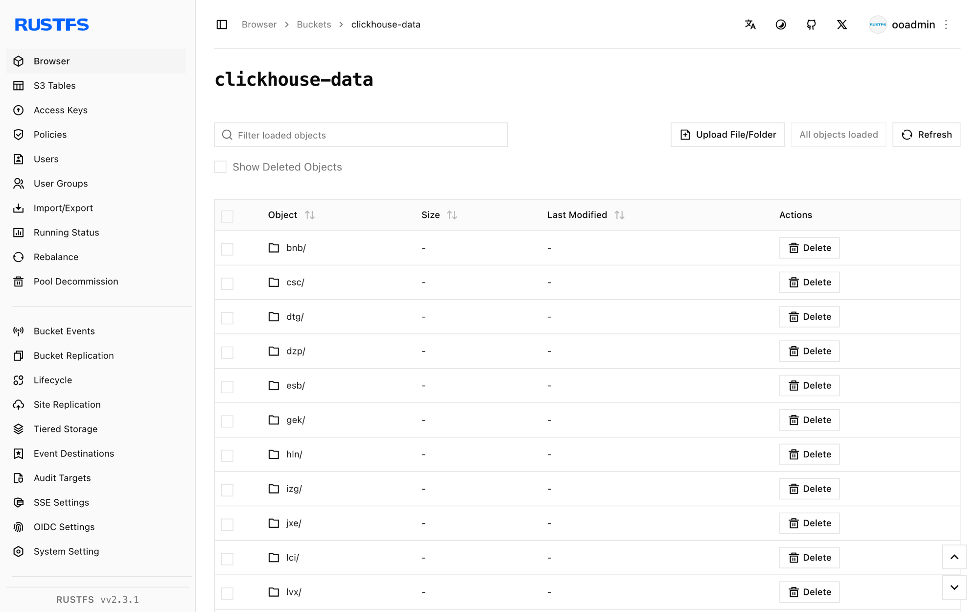 ClickHouse parts stored in the RustFS Console
