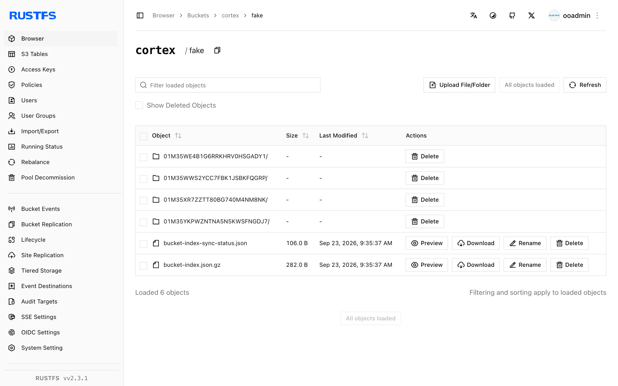 Cortex blocks and rules stored in the RustFS Console