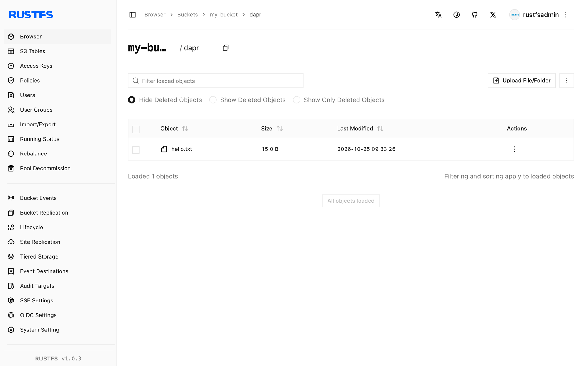 Objets du binding Dapr dans la console RustFS