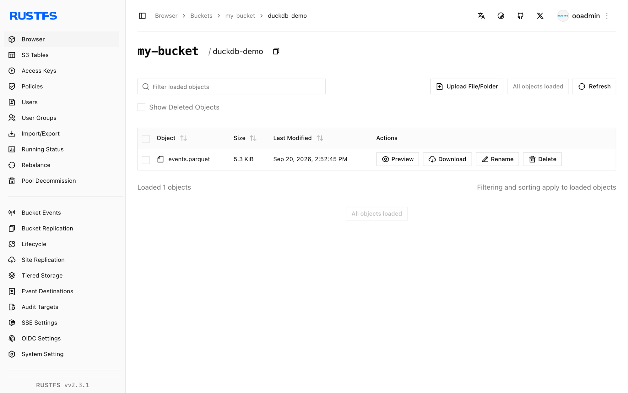 The duckdb-demo prefix in the RustFS Console