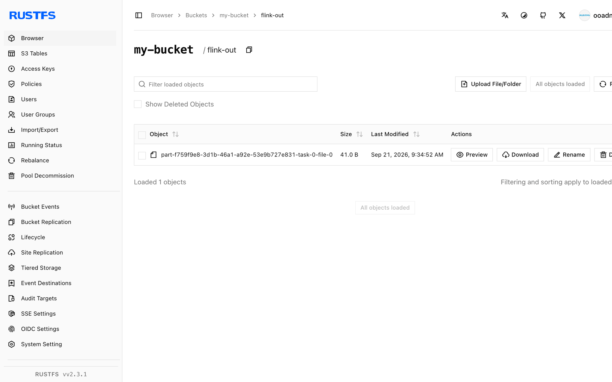 The Flink output file stored in the RustFS Console