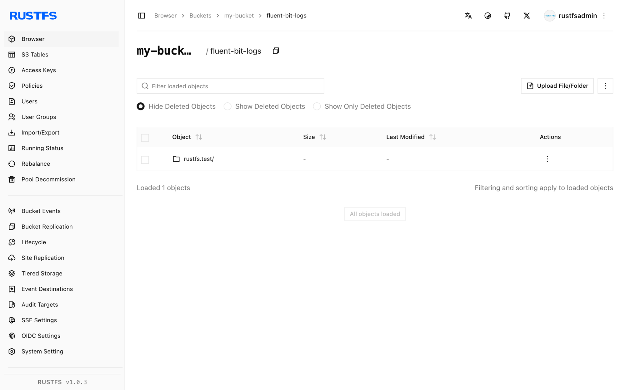 Fluent-Bit-Logs in der RustFS-Konsole
