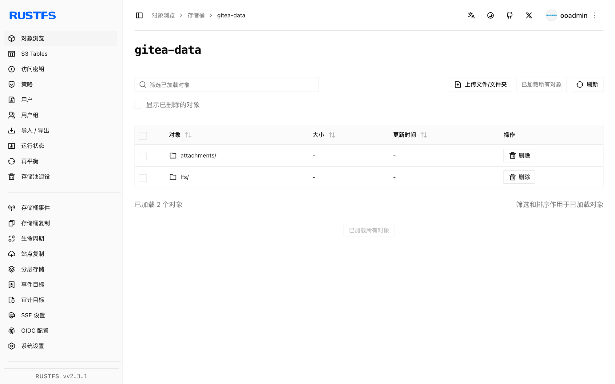 RustFS 控制台中的 Gitea LFS 对象与附件