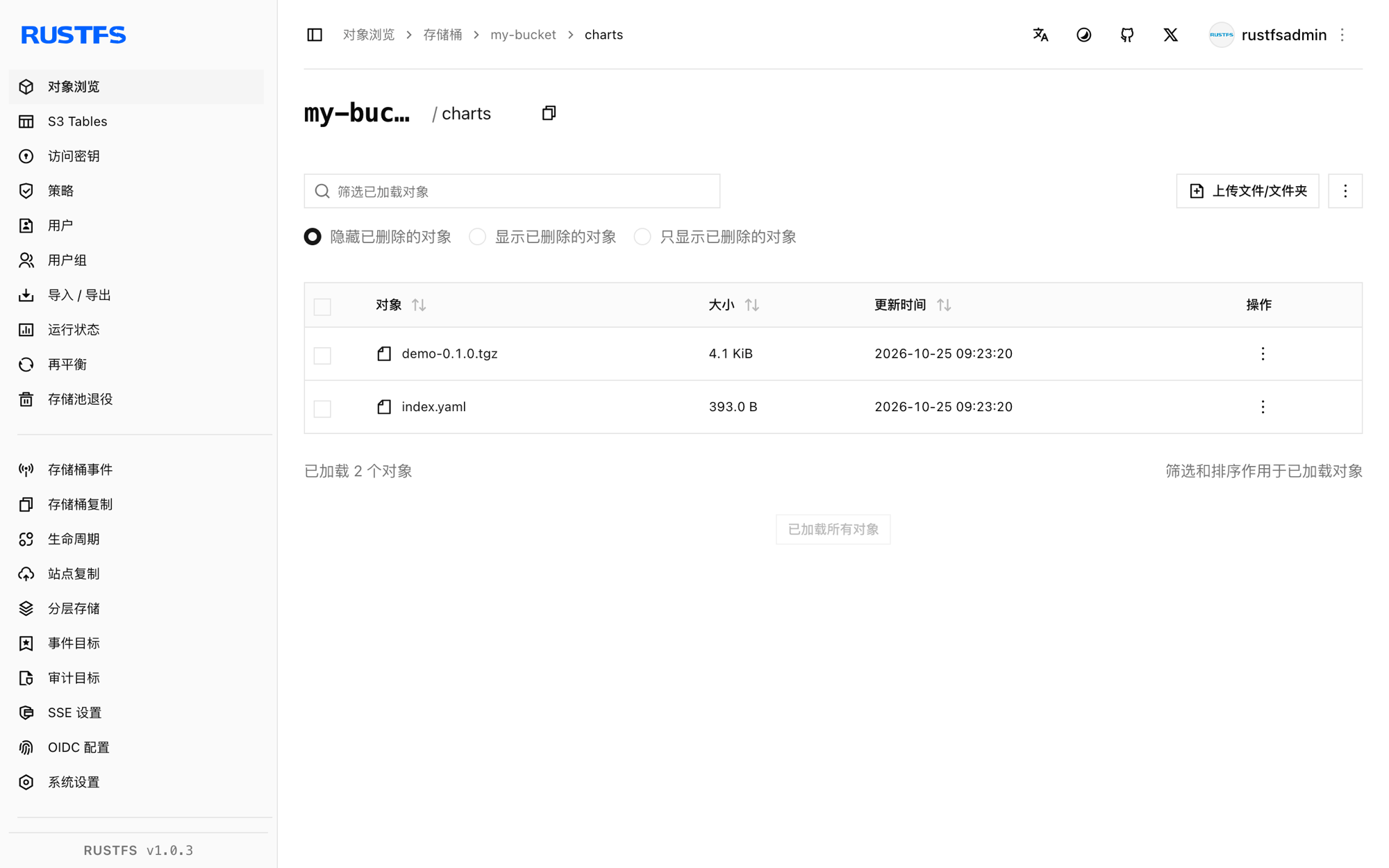 RustFS 控制台中的 Helm Chart 仓库对象