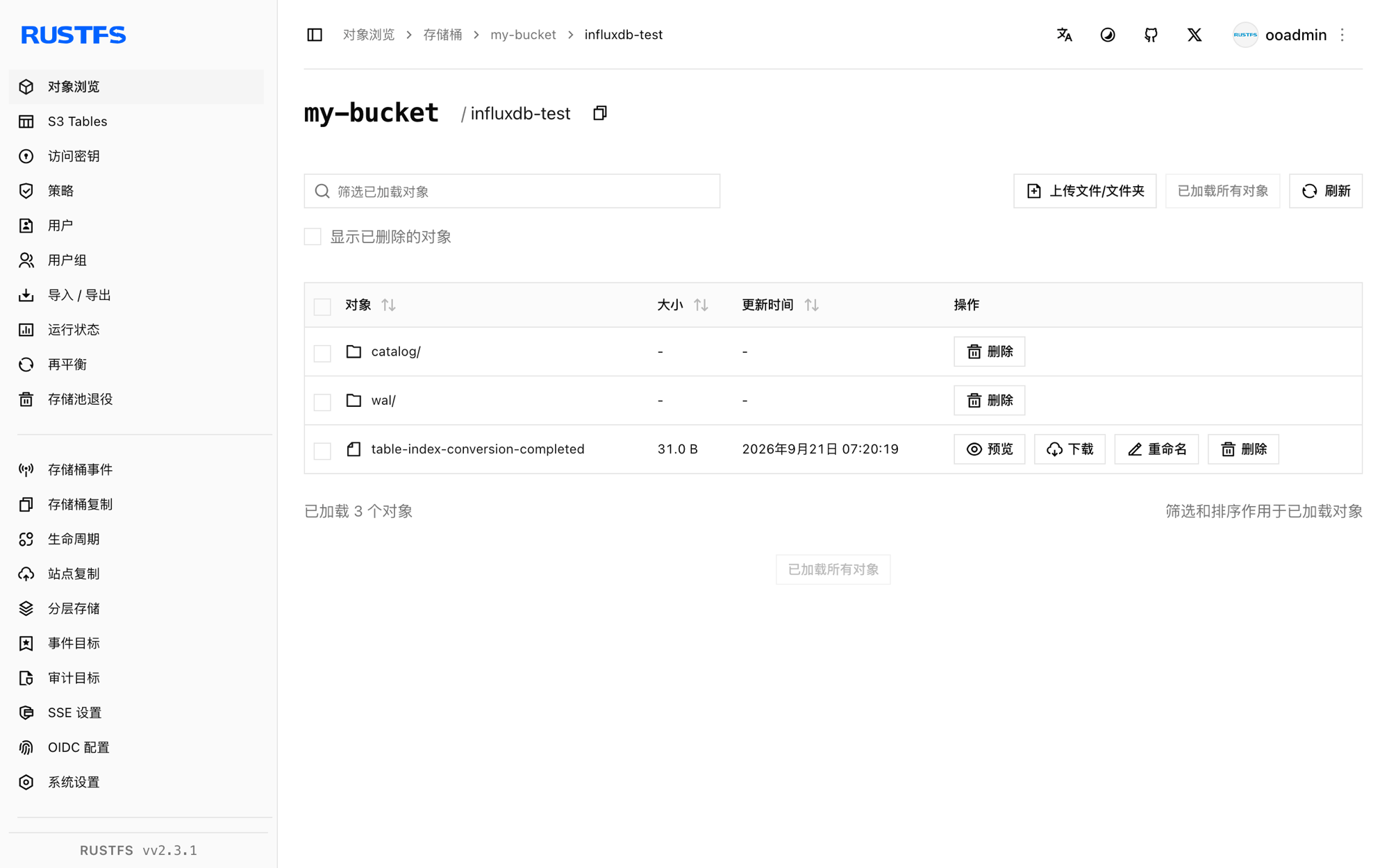 RustFS 控制台中存储的 InfluxDB 节点前缀