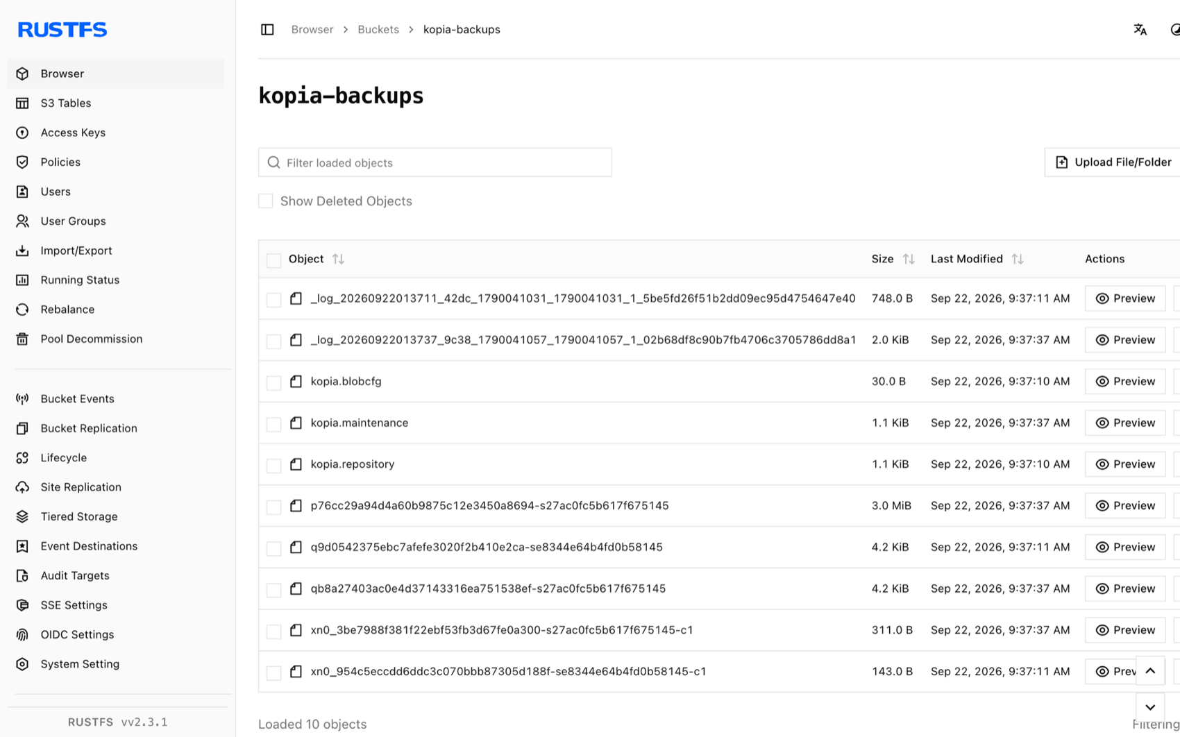 Kopia repository blocks stored in the RustFS Console