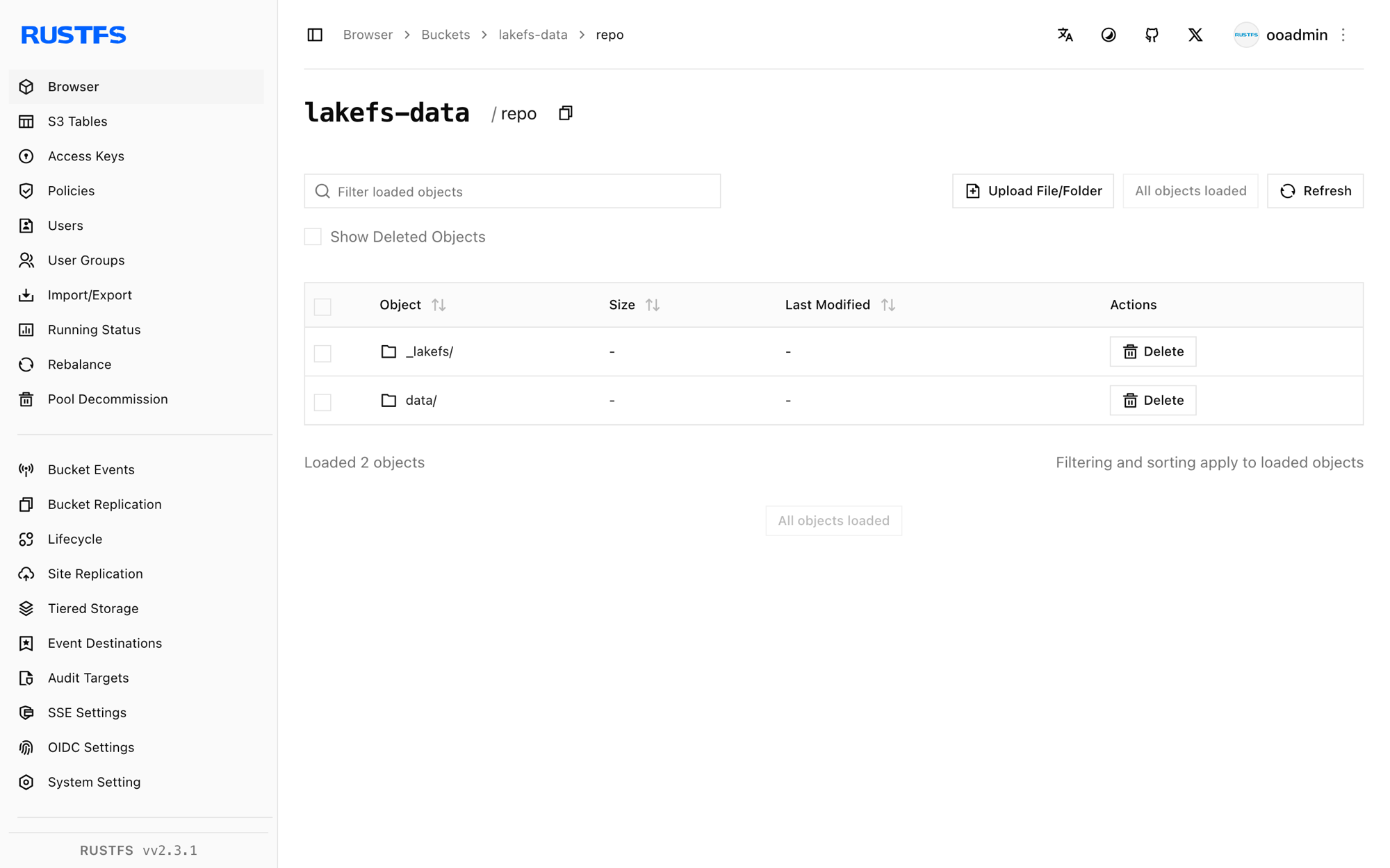 lakeFS objects stored in the RustFS Console