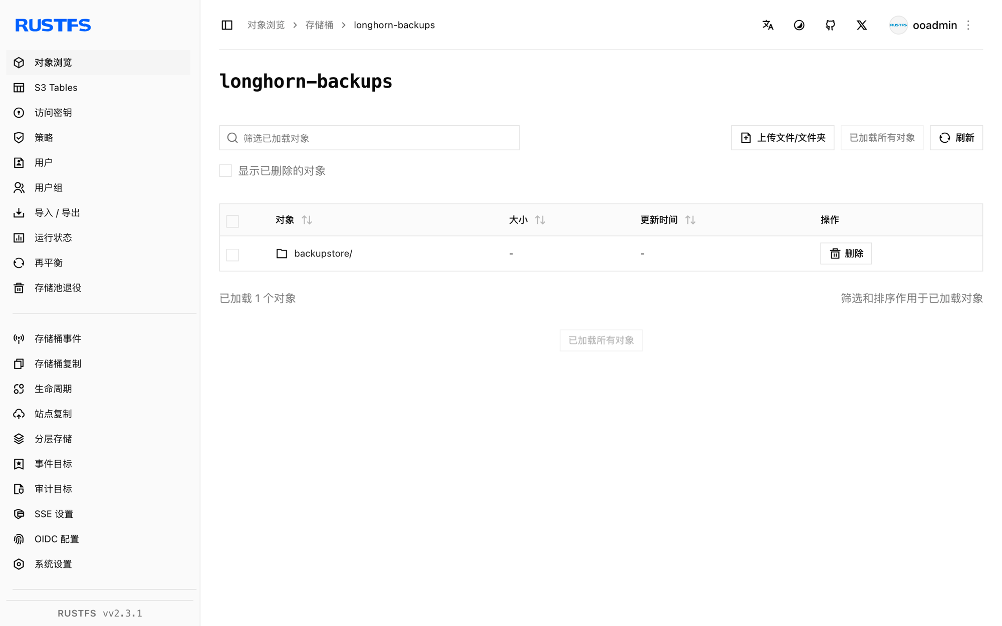 RustFS 控制台中存储的 Longhorn 备份块