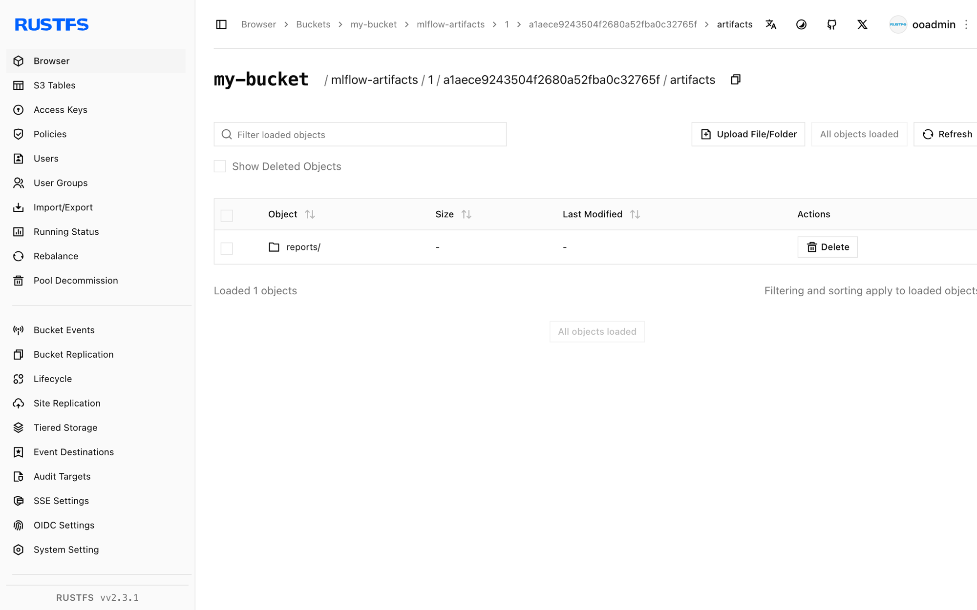 MLflow artifacts stored in the RustFS Console