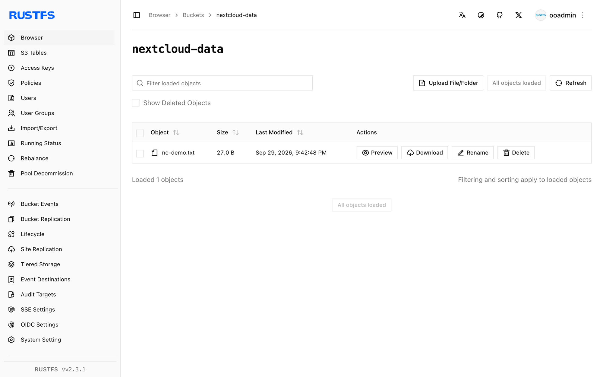 Nextcloud file stored in the RustFS Console
