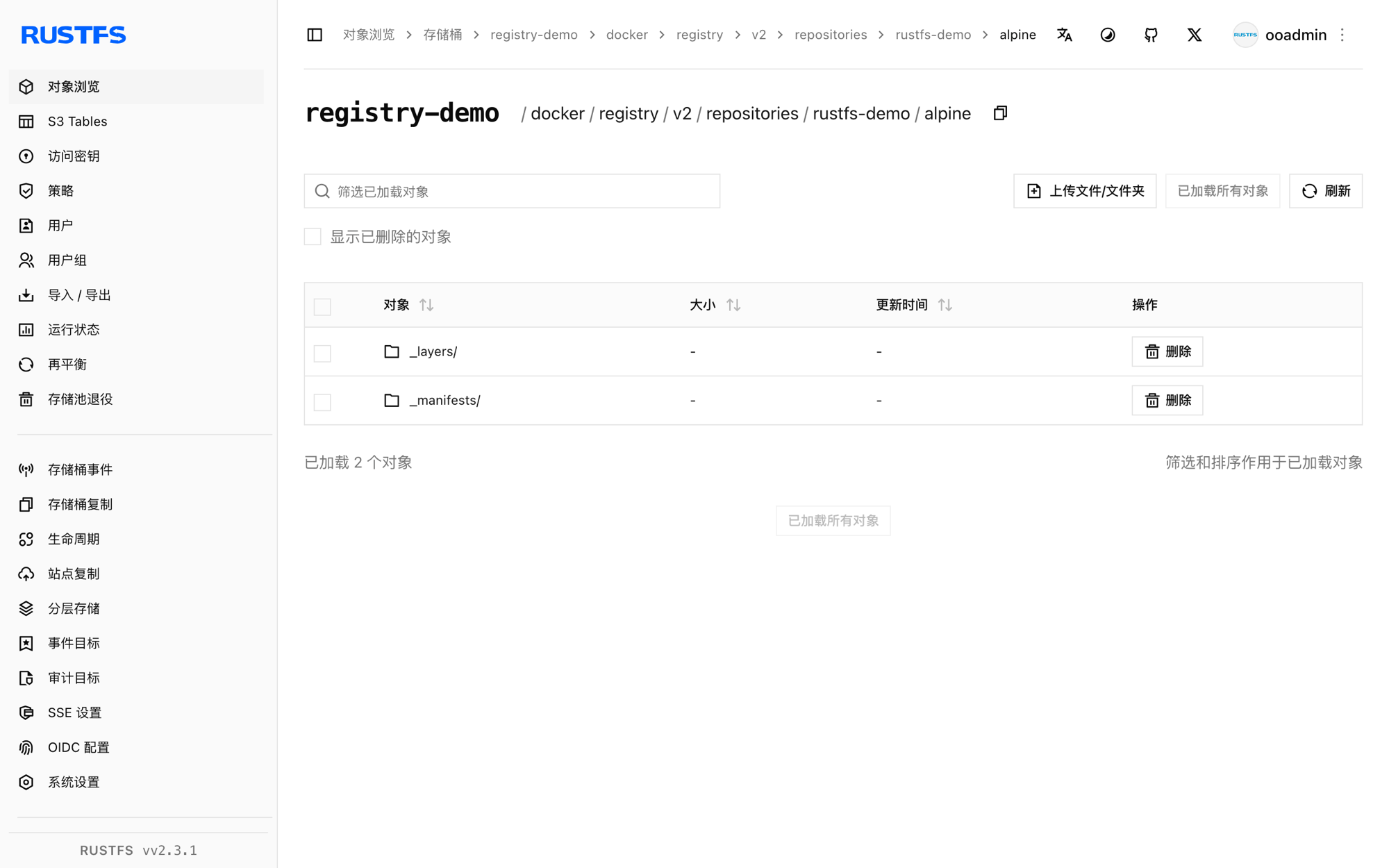 存储在 RustFS 控制台中的仓库层文件