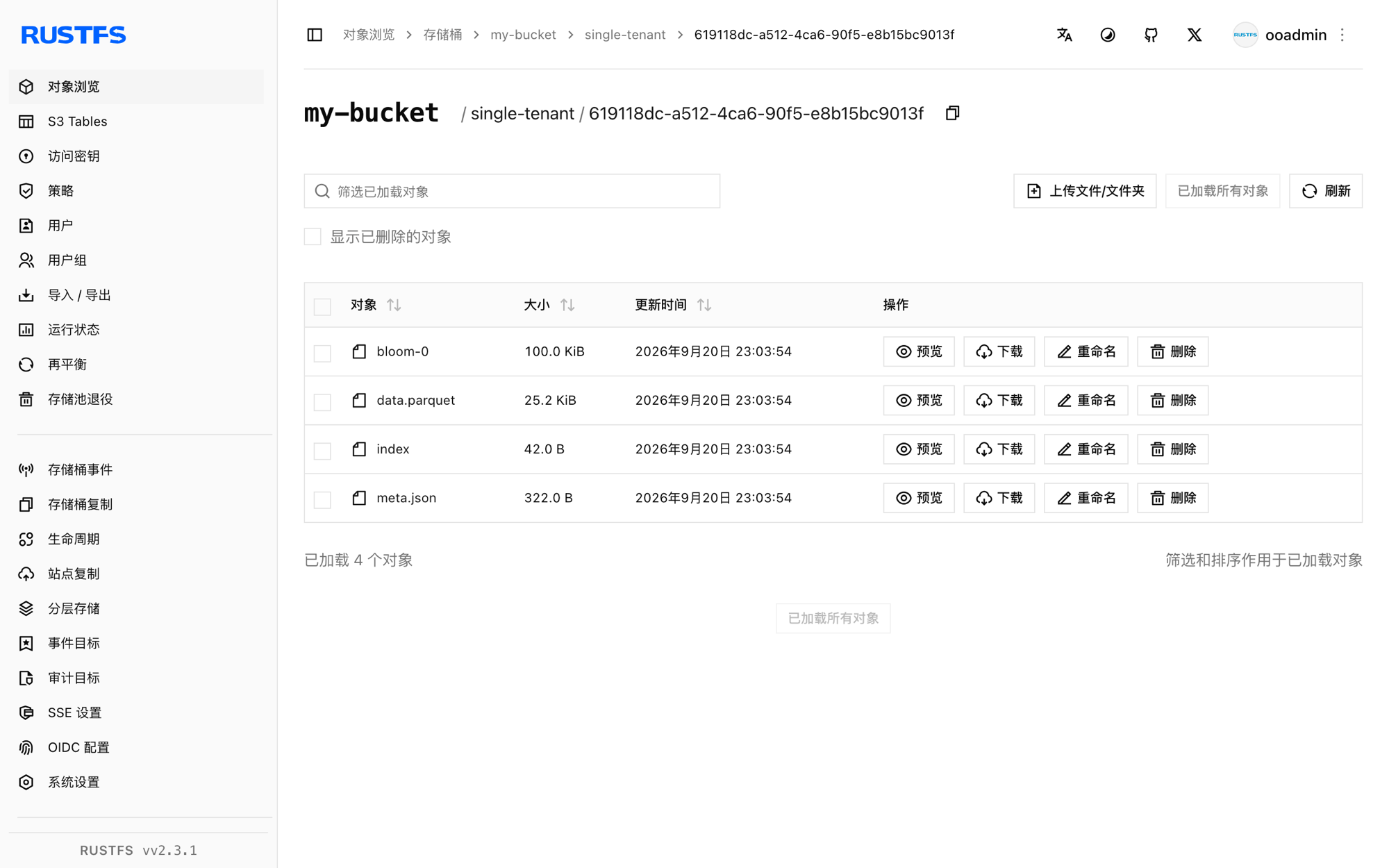 RustFS 控制台中存储的 Tempo 追踪 block