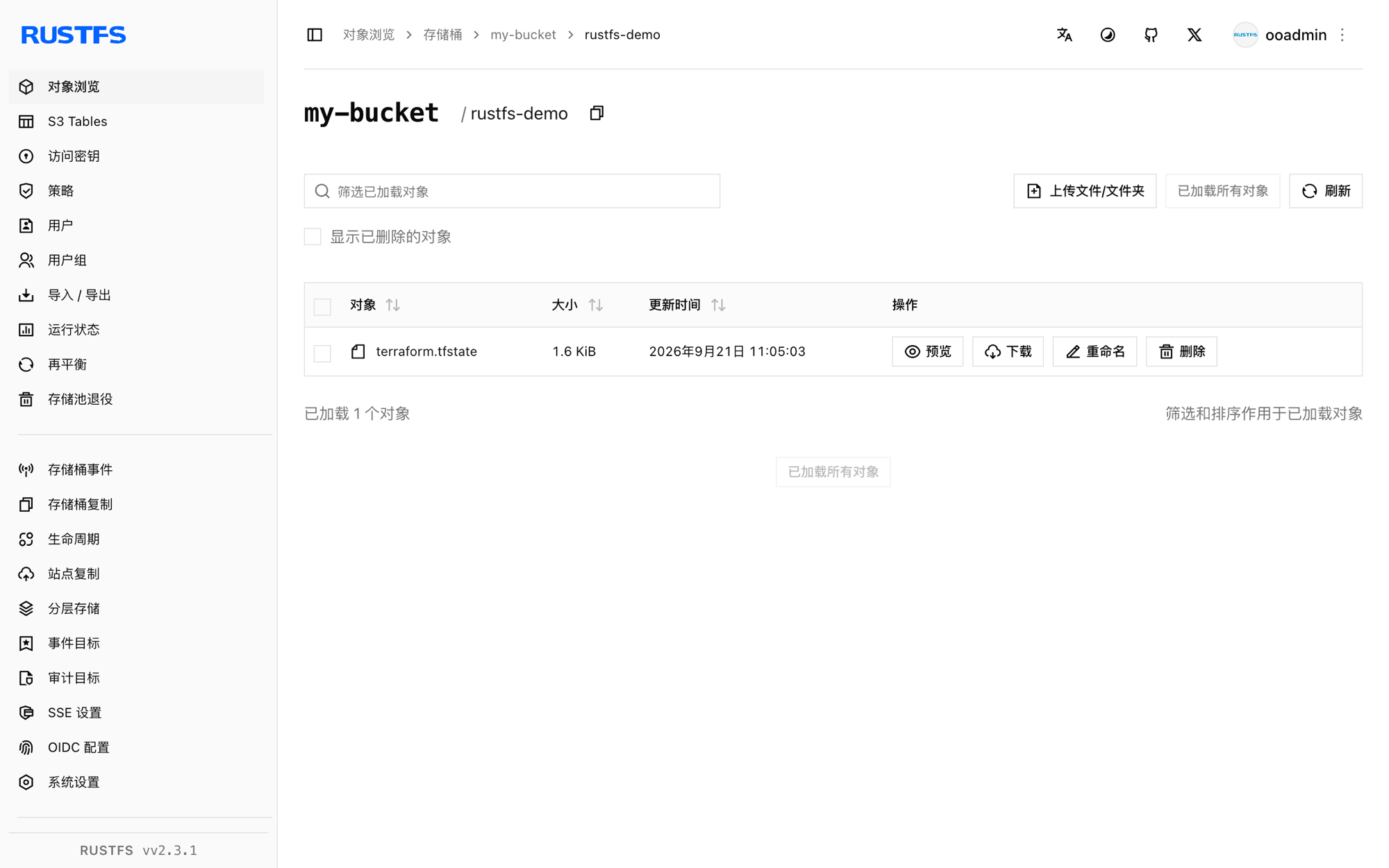 RustFS 控制台中存储的 Terraform 状态文件