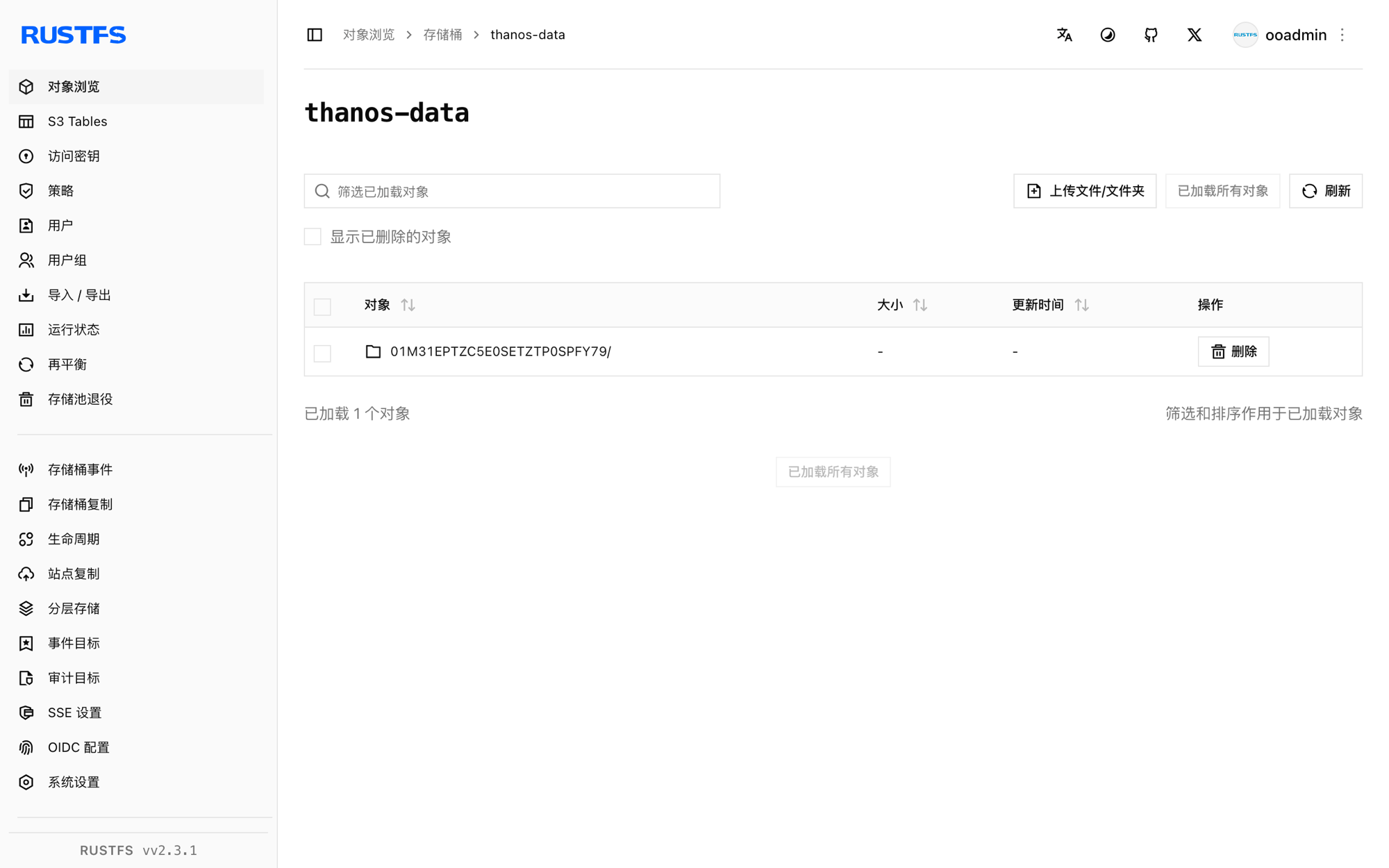 RustFS 控制台中存储的 Thanos 块