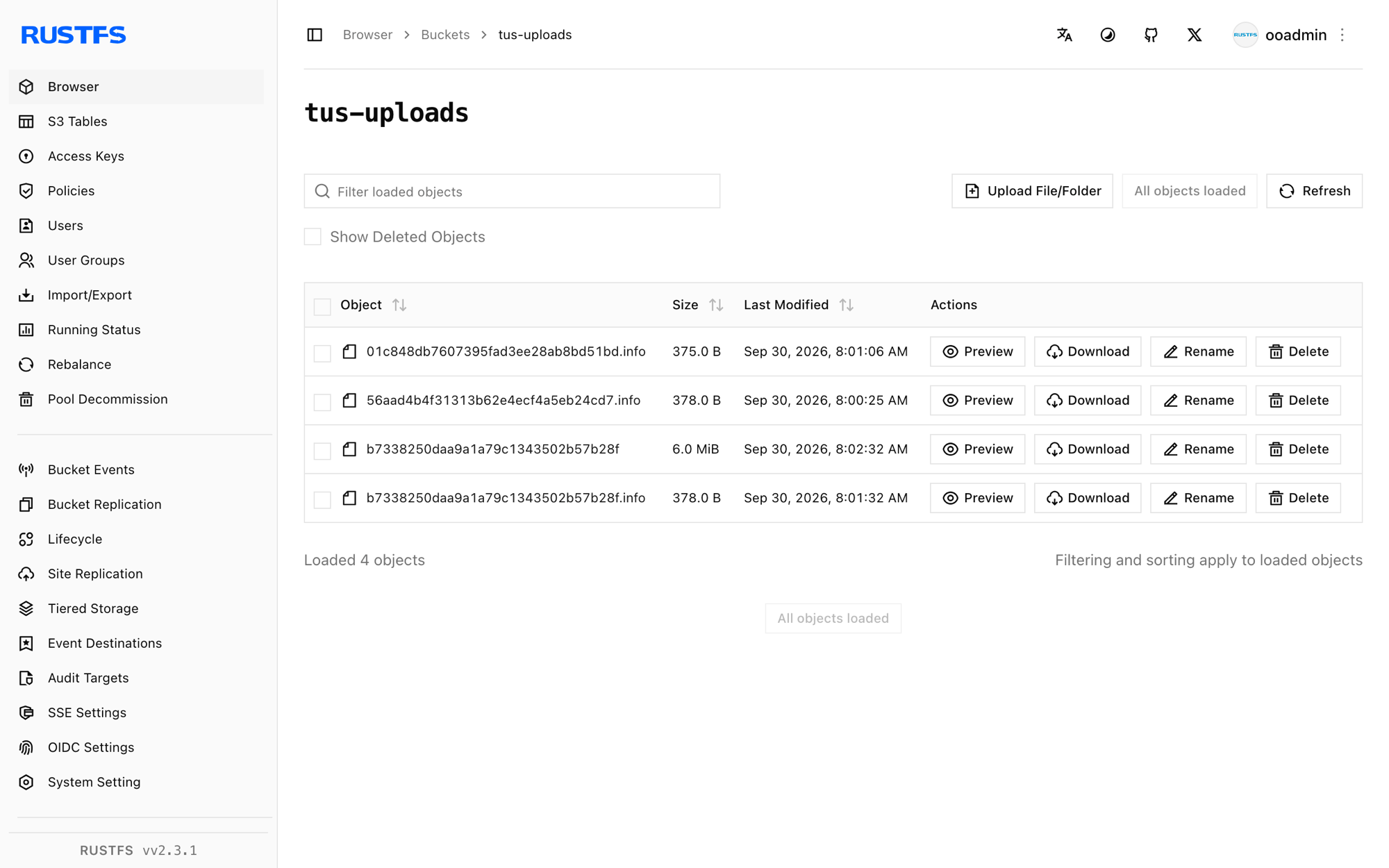 tus uploads stored in the RustFS Console