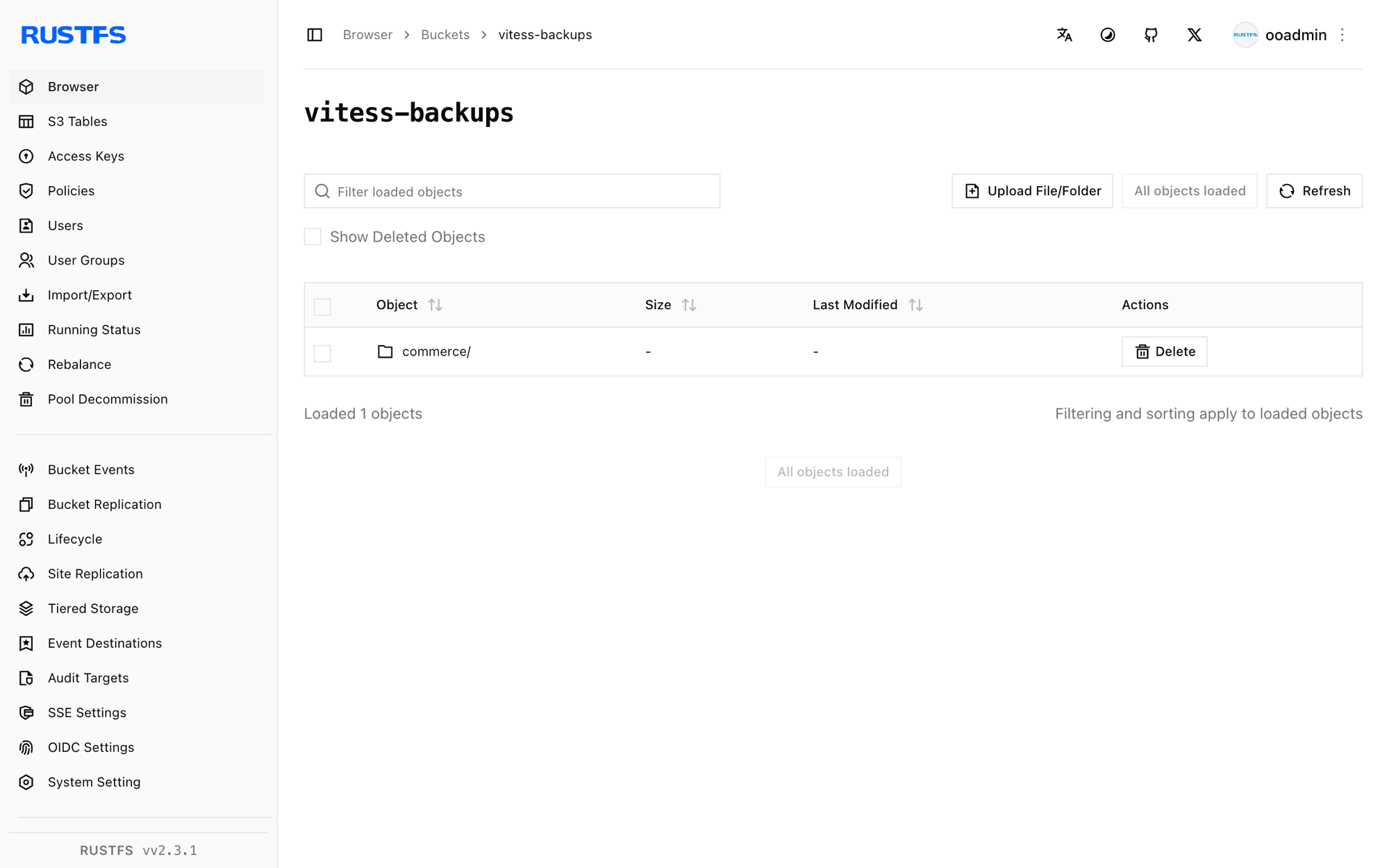 Vitess backup files stored in the RustFS Console
