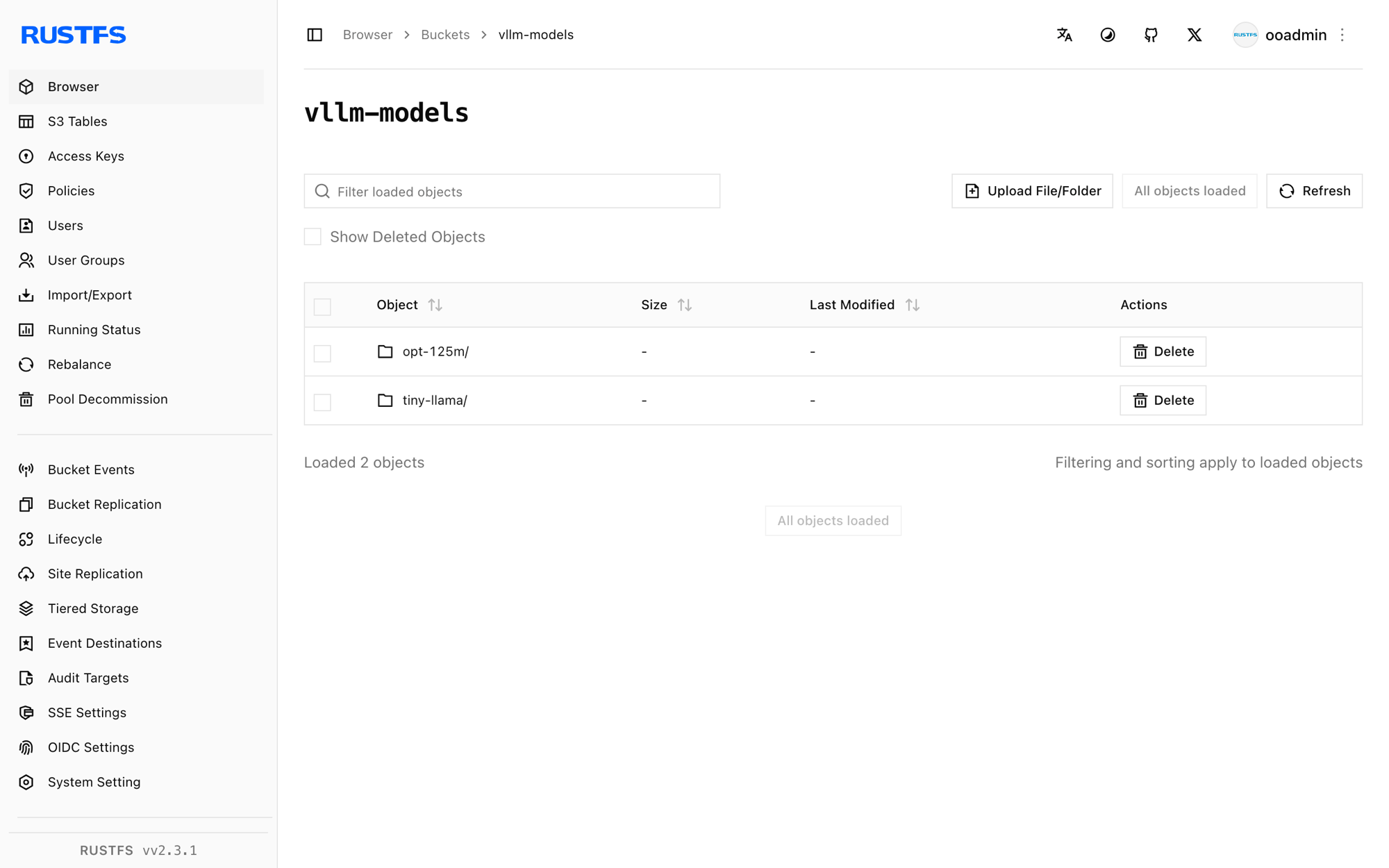 vLLM model weights stored in the RustFS Console